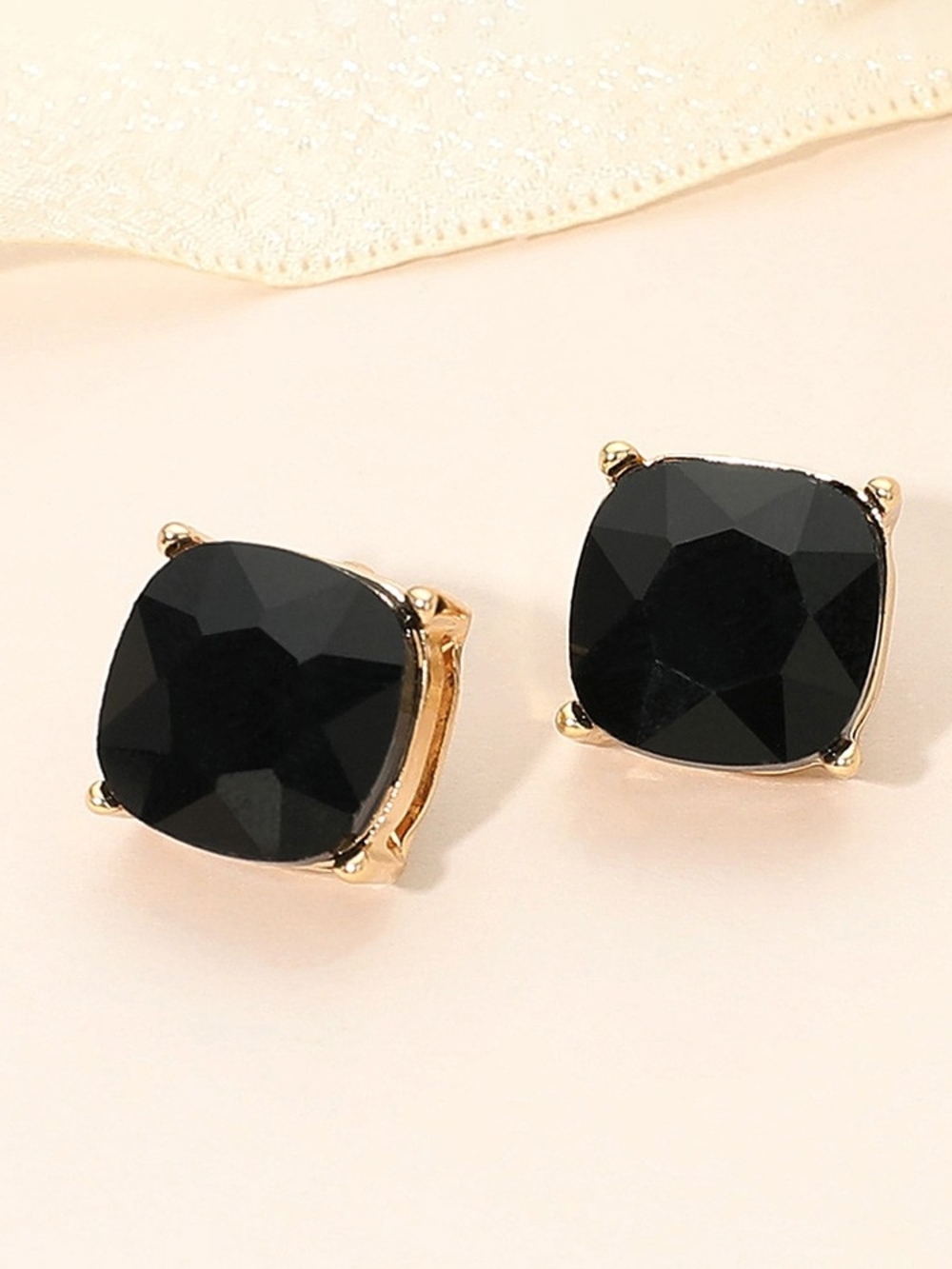 Jet Black Square Stud Gold Fashion Jewelry Earrings Statement Accessories